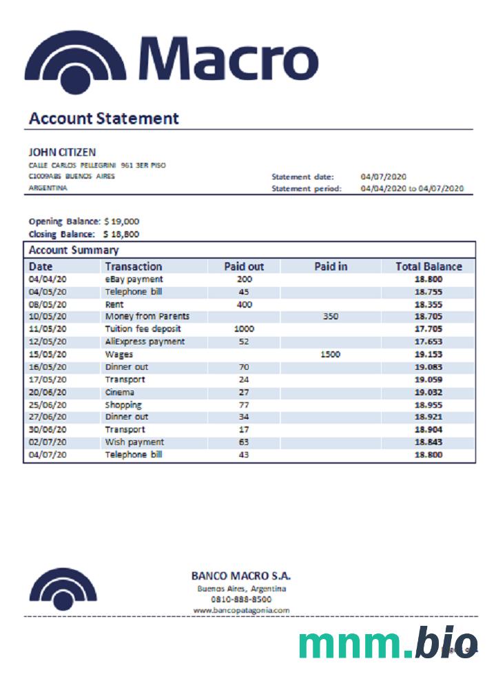 Argentina Banco Macro S. A. szablon wyciągu bankowego w formacie Excel i PDF